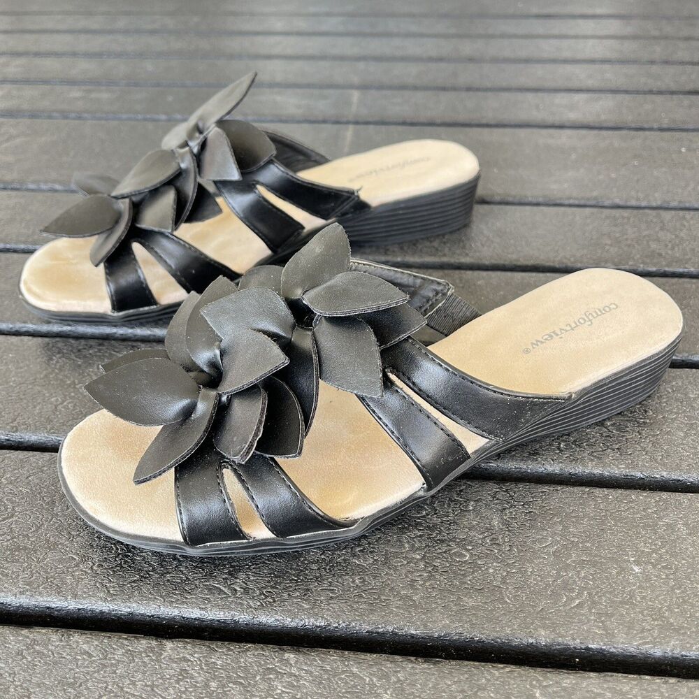 Comfortview  Womens Sz 8.5 Wedge Sandals Slip on Open Toe Flower Black
